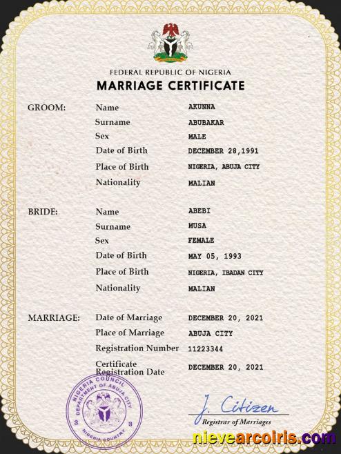 Nigeria marriage certificate